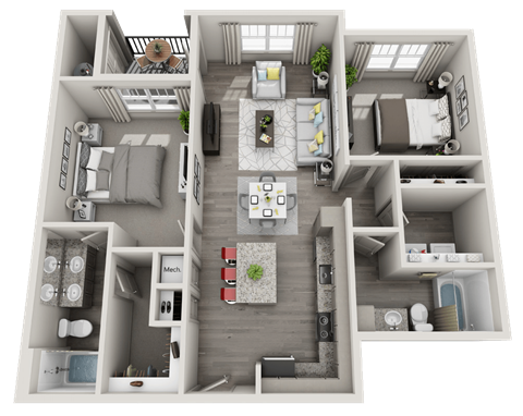 Floor plan for 2 beds, 2 baths, 1074 sqft